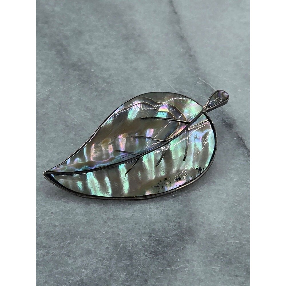 Vintage MSA Taxco 925 Sterling Silver Abalone Leaf Brooch Pin 2in 1960s Jewelry